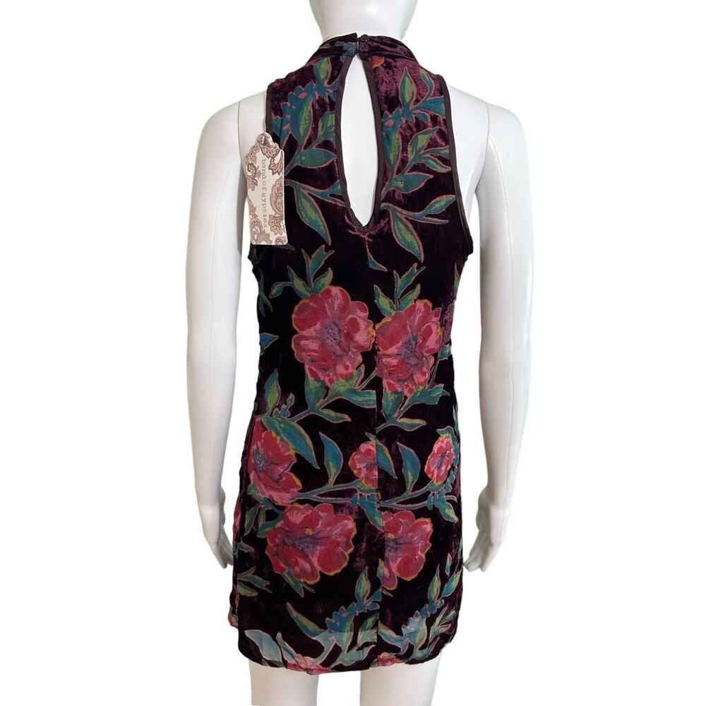 NWT Band of Gypsies Floral Velvet Halter Mini Dress Burgundy Plum XS Earthy Rose - Picture 2 of 16